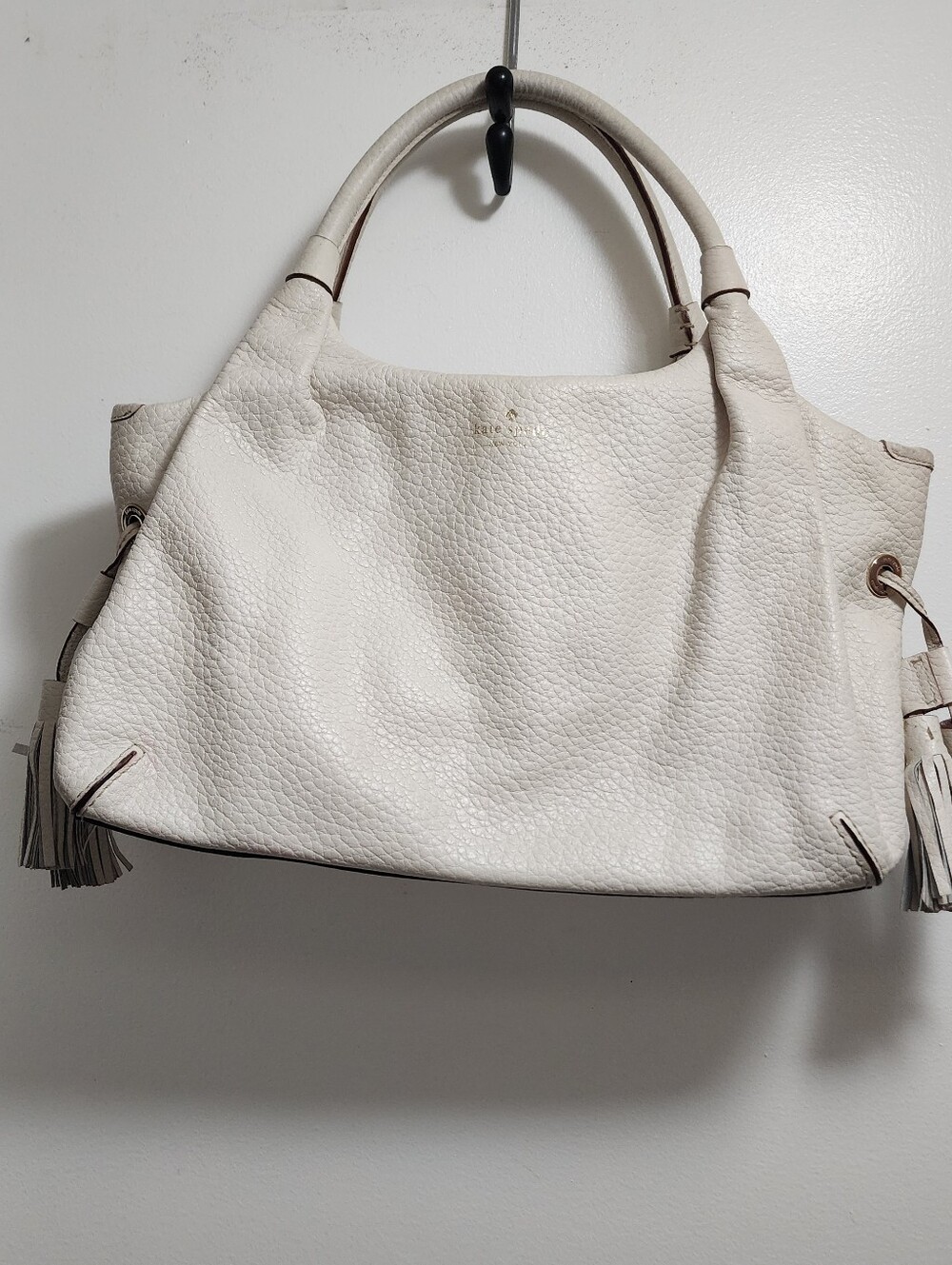 kate spade Cream Pebbled Leather Shoulder Bag with Tassels